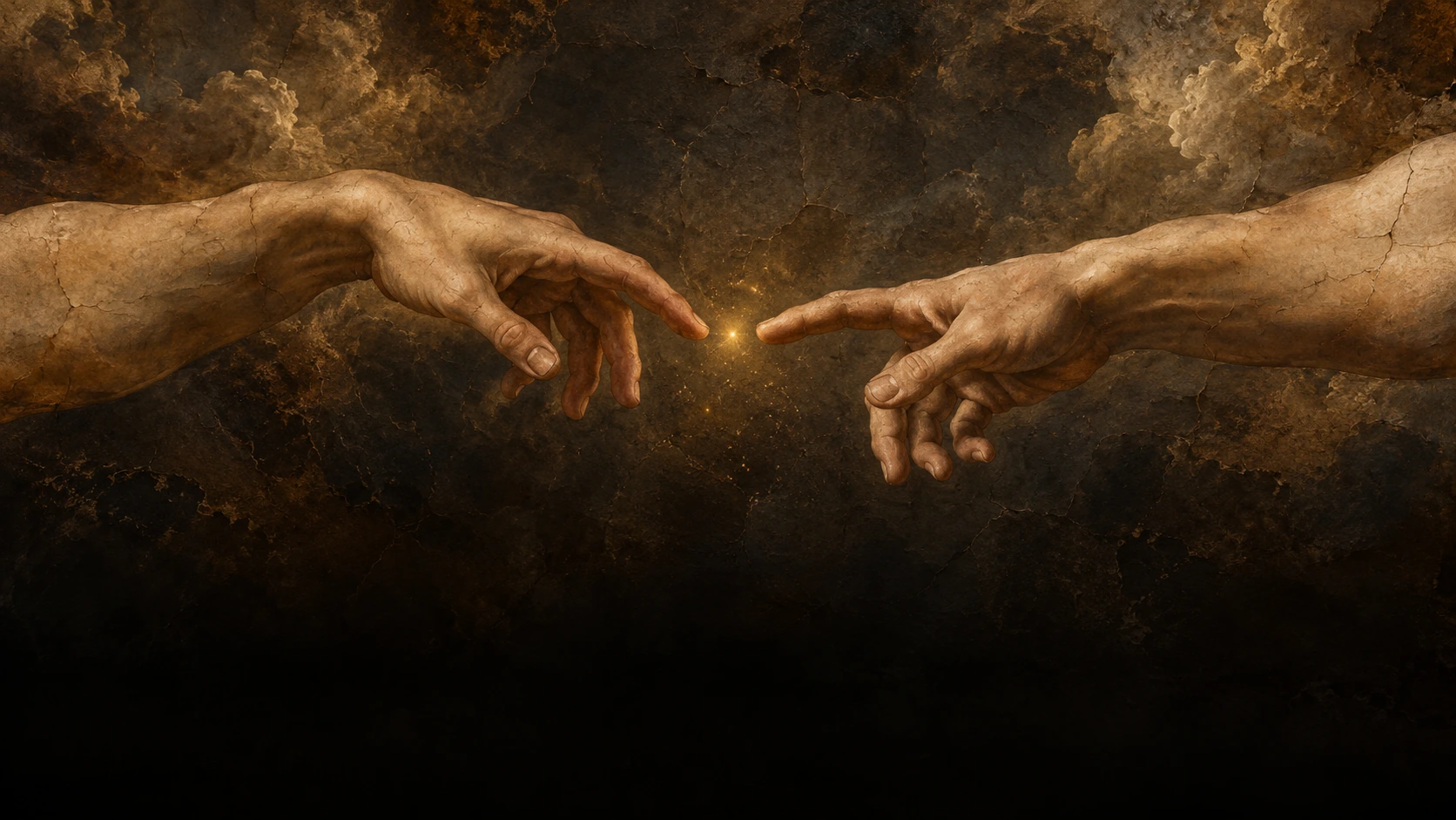 Two hands reaching toward a point of warm light, inspired by The Creation of Adam.